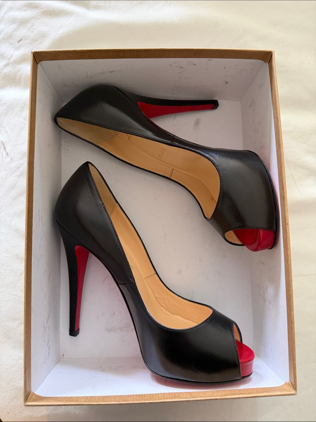 Never Worn Brand New Black Peep-Toe High Heels With Red Accents